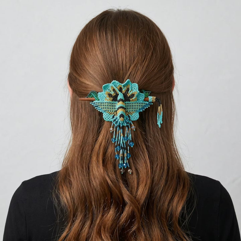 Maple Blossom Hummingbird Beaded Hair Stick Barrette Turquoise-1