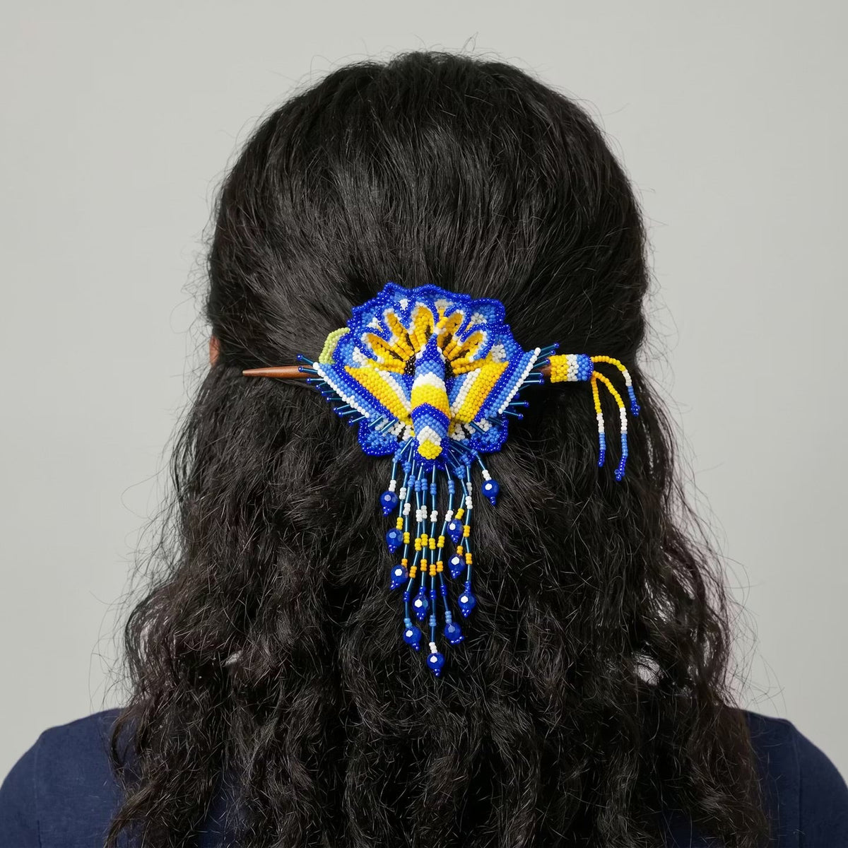 Maple Blossom Hummingbird Beaded Hair Stick Barrette Blue