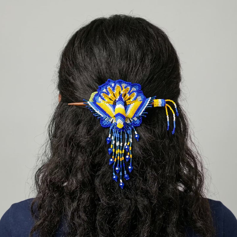 Maple Blossom Hummingbird Beaded Hair Stick Barrette Blue-1
