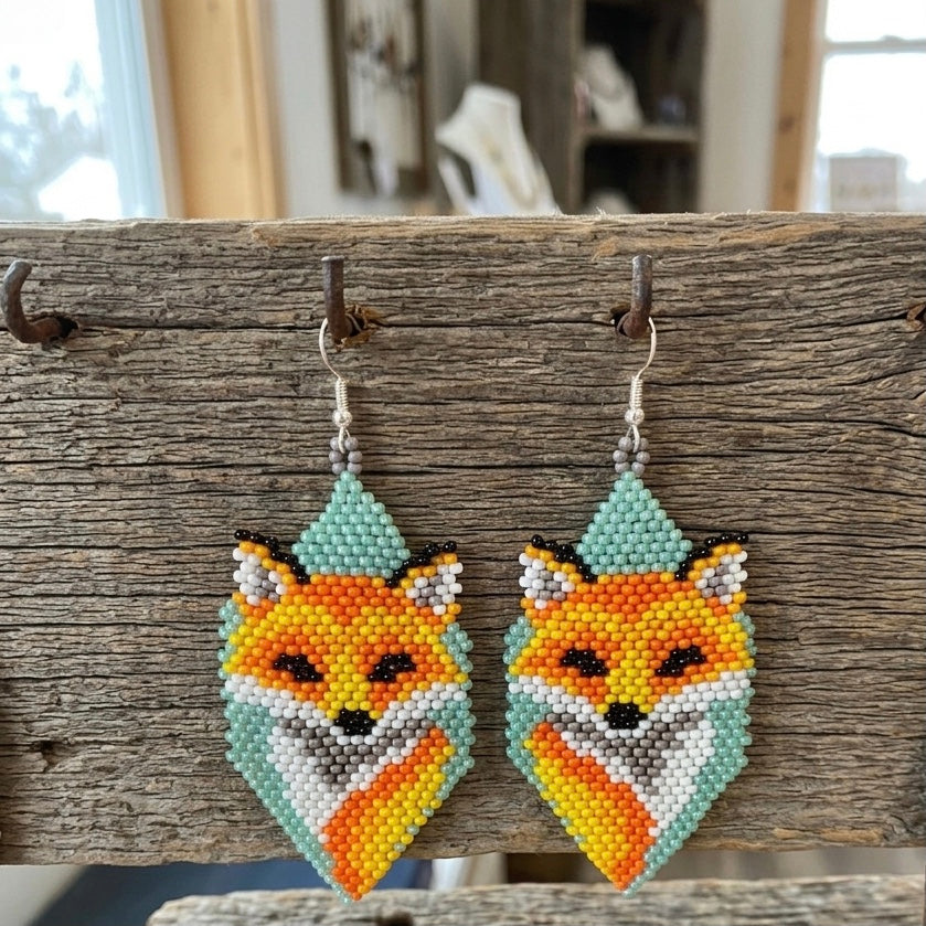 Fox Beaded Earrings (Green)-2
