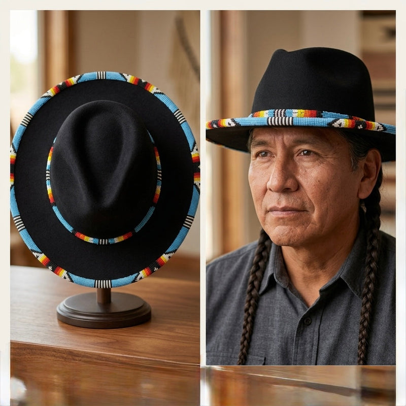 Size-62 Beaded Flat&Circular Brim Felt Hat-3