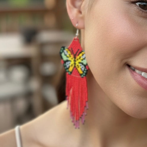 Red Beaded Dancing Wing Earrings-1