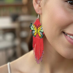 Red Beaded Dancing Wing Earrings-1