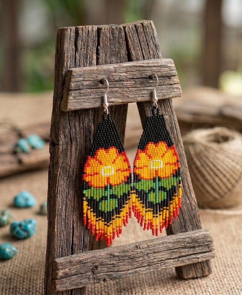 Flower Beaded Earrings ( Yellow )-6