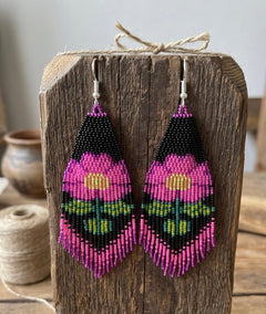 Flower Beaded Earrings ( Pink )-2
