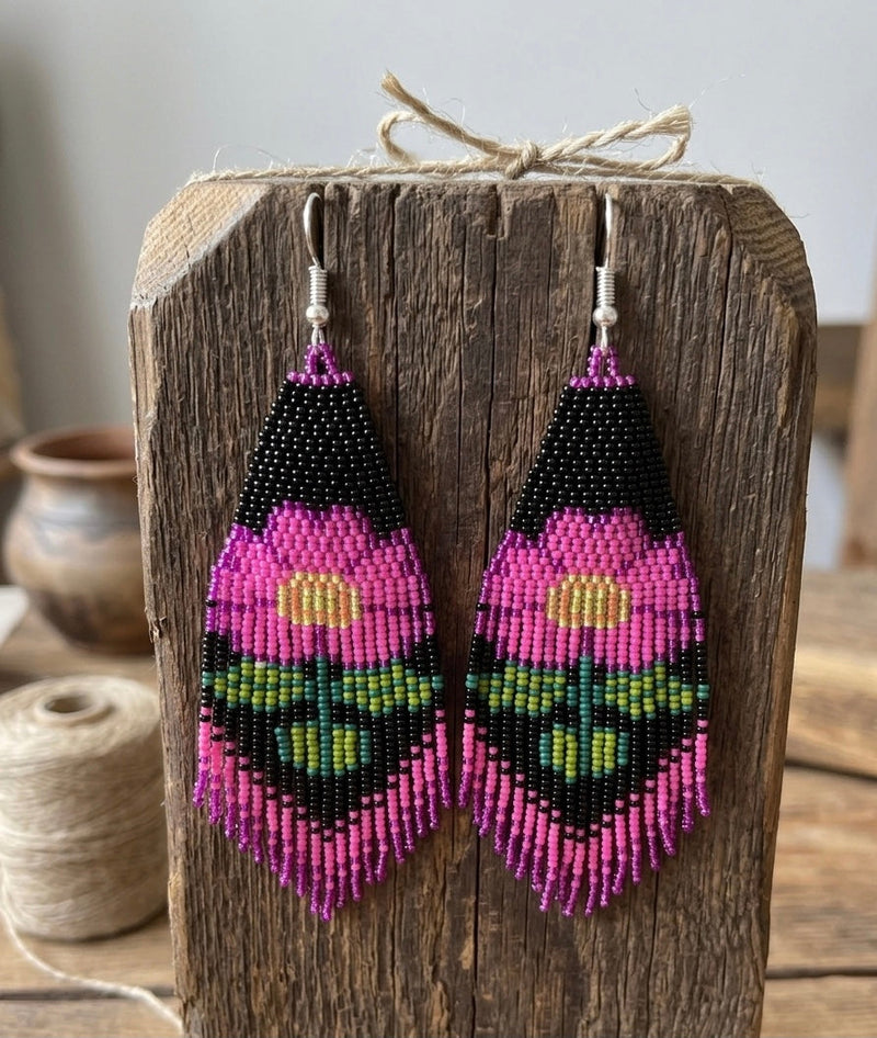 Flower Beaded Earrings ( Pink )-2