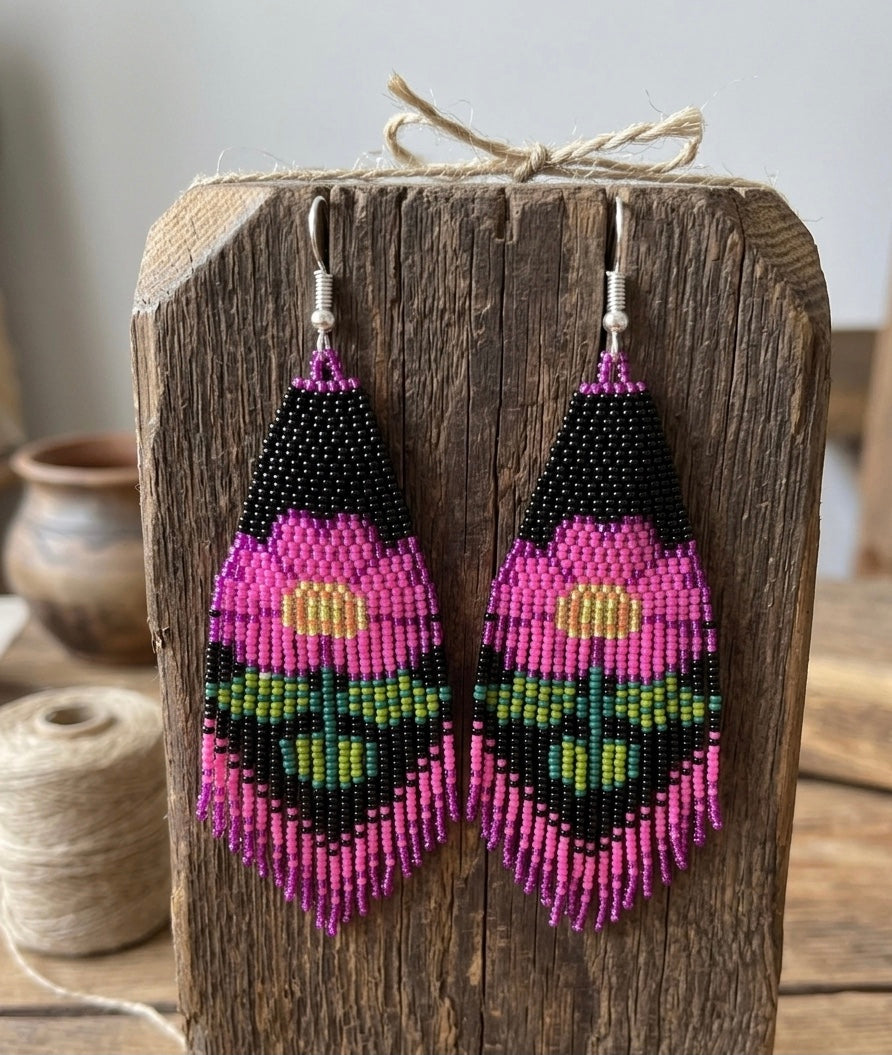 Flower Beaded Earrings ( Pink )-2