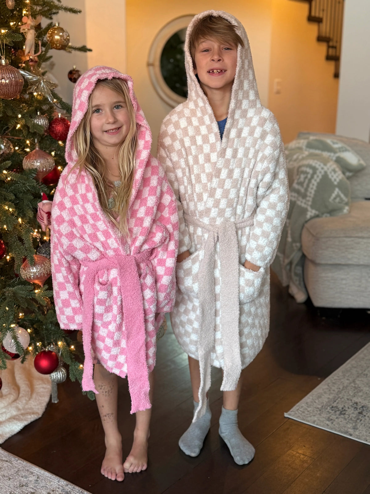 Childrens Check Print Hooded Robe-2