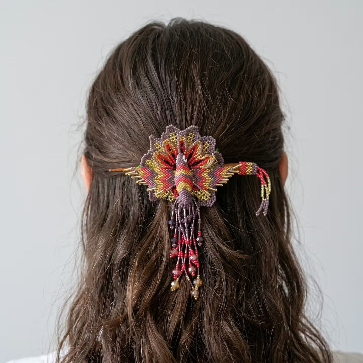 Maple Blossom Hummingbird Beaded Hair Stick Barrette Purple