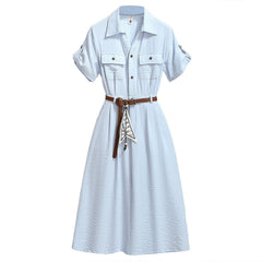 Women’s Summer Waist-Cinching A-Line Shirt Dress – Casual Button-Up Flare Dress-4