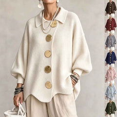 Women’s Button-Down Knit Cardigan – Lapel Collar Long-Sleeve Loose-Fit Fall & Winter Sweater-1