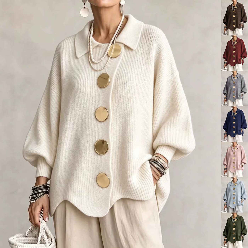 Women’s Button-Down Knit Cardigan – Lapel Collar Long-Sleeve Loose-Fit Fall & Winter Sweater-1