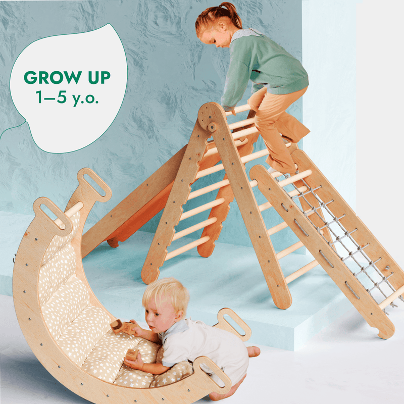 5in1 Montessori Climbing Frame Set: Triangle Ladder + Arch/Rocker + Slide Board/Ramp + Netting rope + Cushion-9