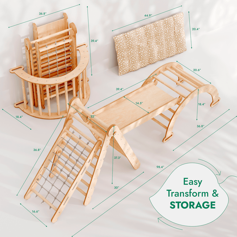 5in1 Montessori Climbing Frame Set: Triangle Ladder + Arch/Rocker + Slide Board/Ramp + Netting rope + Cushion-2