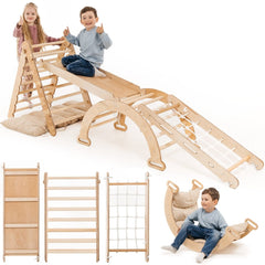 5in1 Montessori Climbing Frame Set: Triangle Ladder + Arch/Rocker + Slide Board/Ramp + Netting rope + Cushion-1