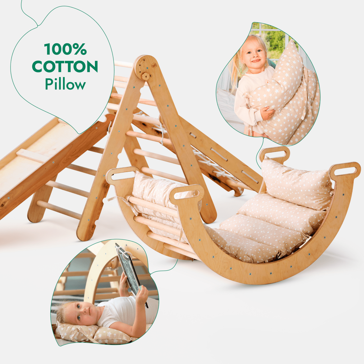 5in1 Montessori Climbing Frame Set: Triangle Ladder + Arch/Rocker + Slide Board/Ramp + Netting rope + Cushion-5