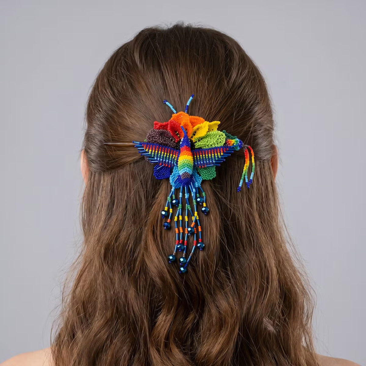 Maple Blossom Hummingbird Beaded Hair Stick Barrette Blue-2