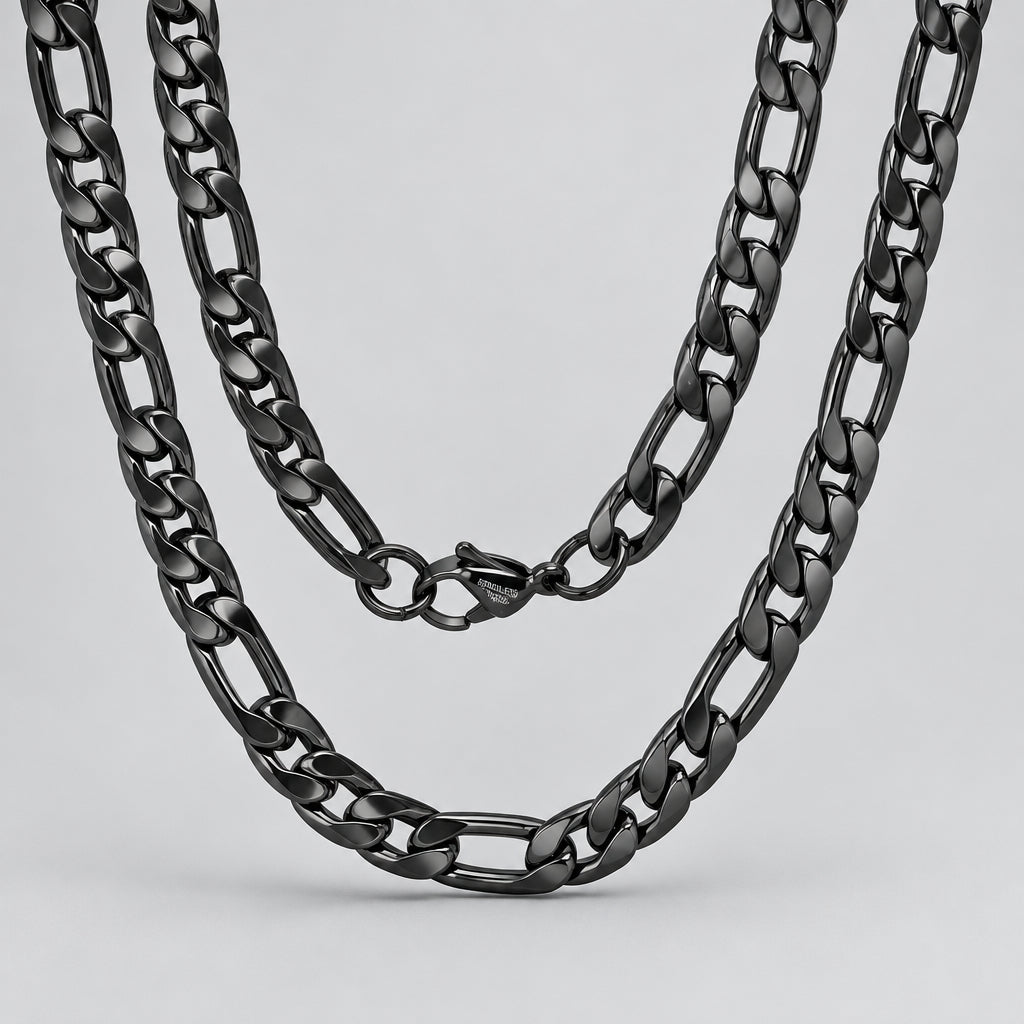 Men’s Black Stainless Steel Double Figaro Chain Necklace-1