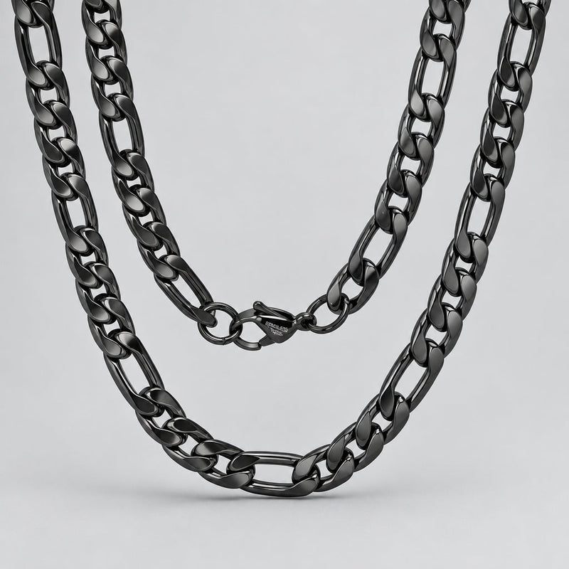 Men’s Black Stainless Steel Double Figaro Chain Necklace-1