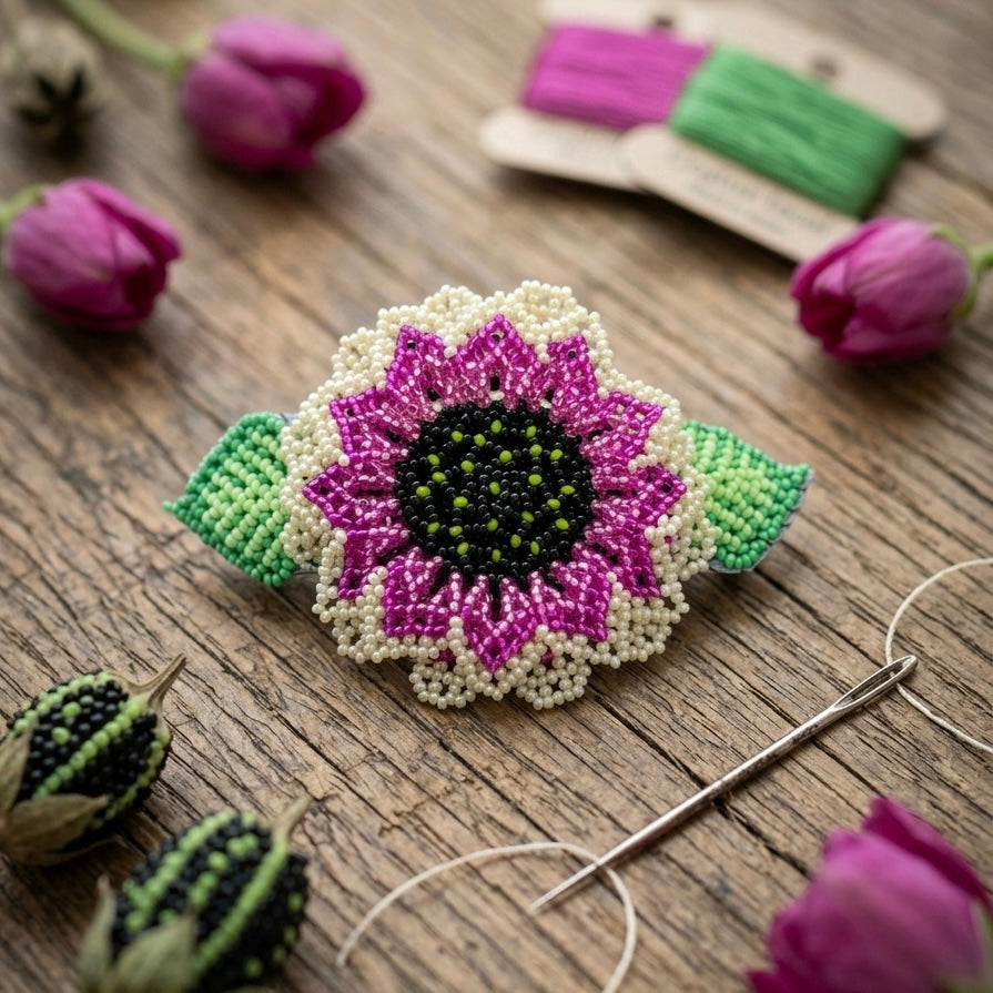 Handmade Beaded Sunflower Hair Clip-Beige