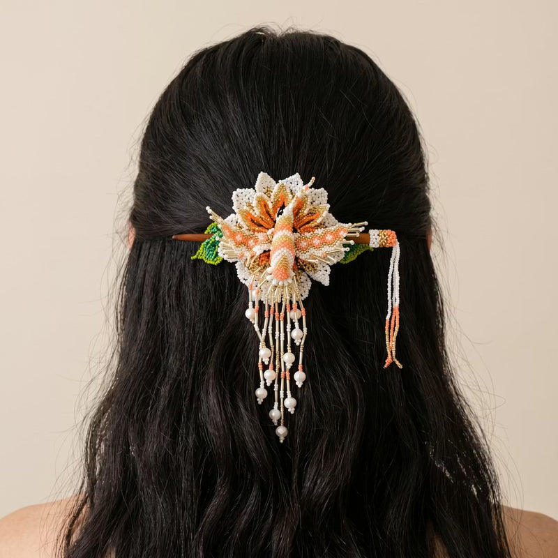 Maple Blossom Hummingbird Beaded Hair Stick Barrette White-1