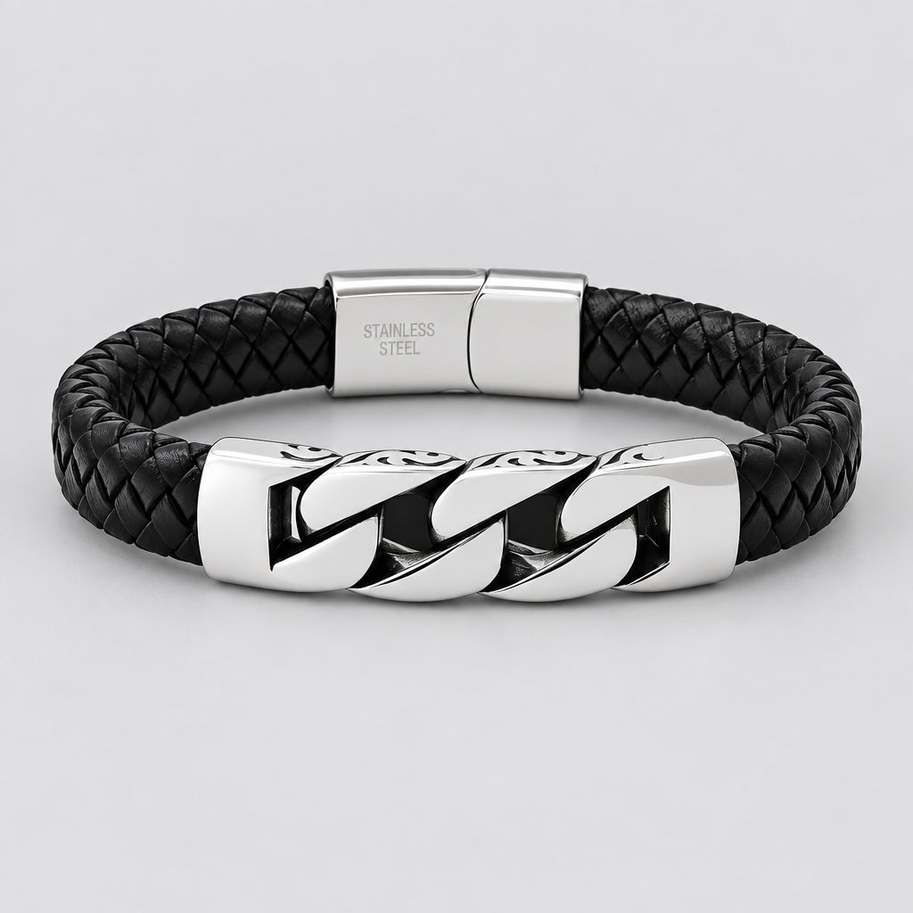 Men’s Stainless Steel & Black Braided Leather Greek Motif Biker Bracelet-1