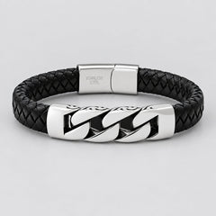 Men’s Stainless Steel & Black Braided Leather Greek Motif Biker Bracelet-1