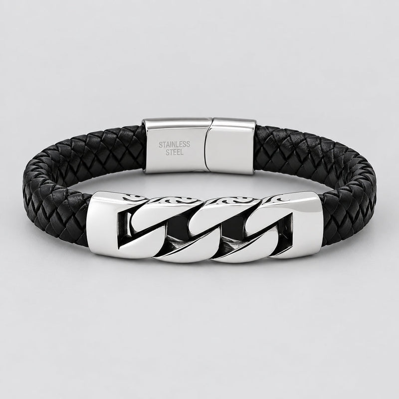 Men’s Stainless Steel & Black Braided Leather Greek Motif Biker Bracelet-1