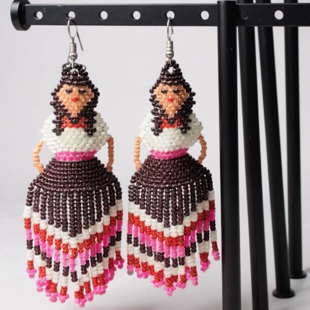Purple Pink Beaded Ribbon Skirt Dancer Earrings-1
