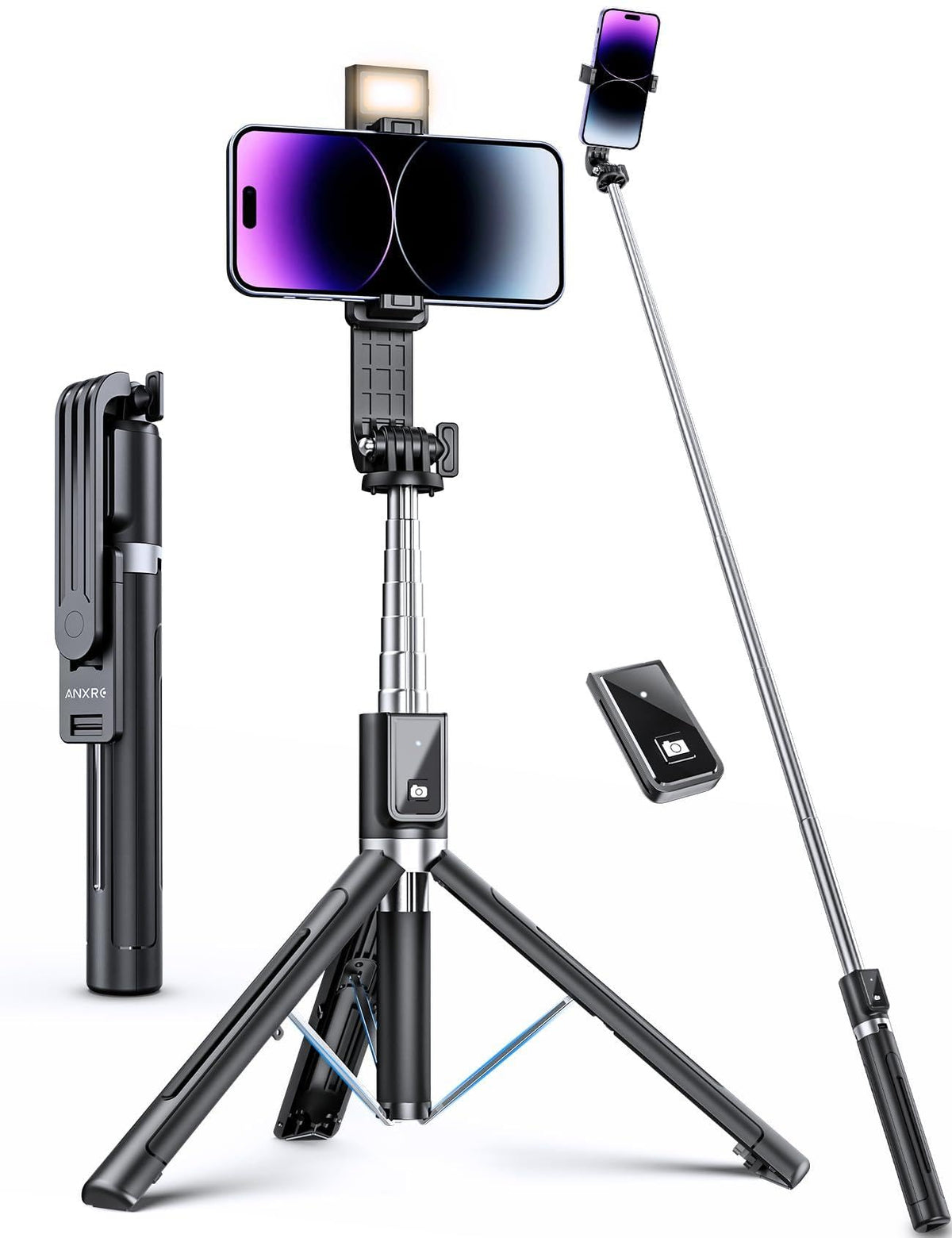 ANXRE Selfie Stick Tripod with Fill Light and Stable Base, Extendable Phone Tripod with Detachable Wireless Remote, 50" Travel Stand for Cell Phone Film & Vlog Compatible with iPhone Android Gopro