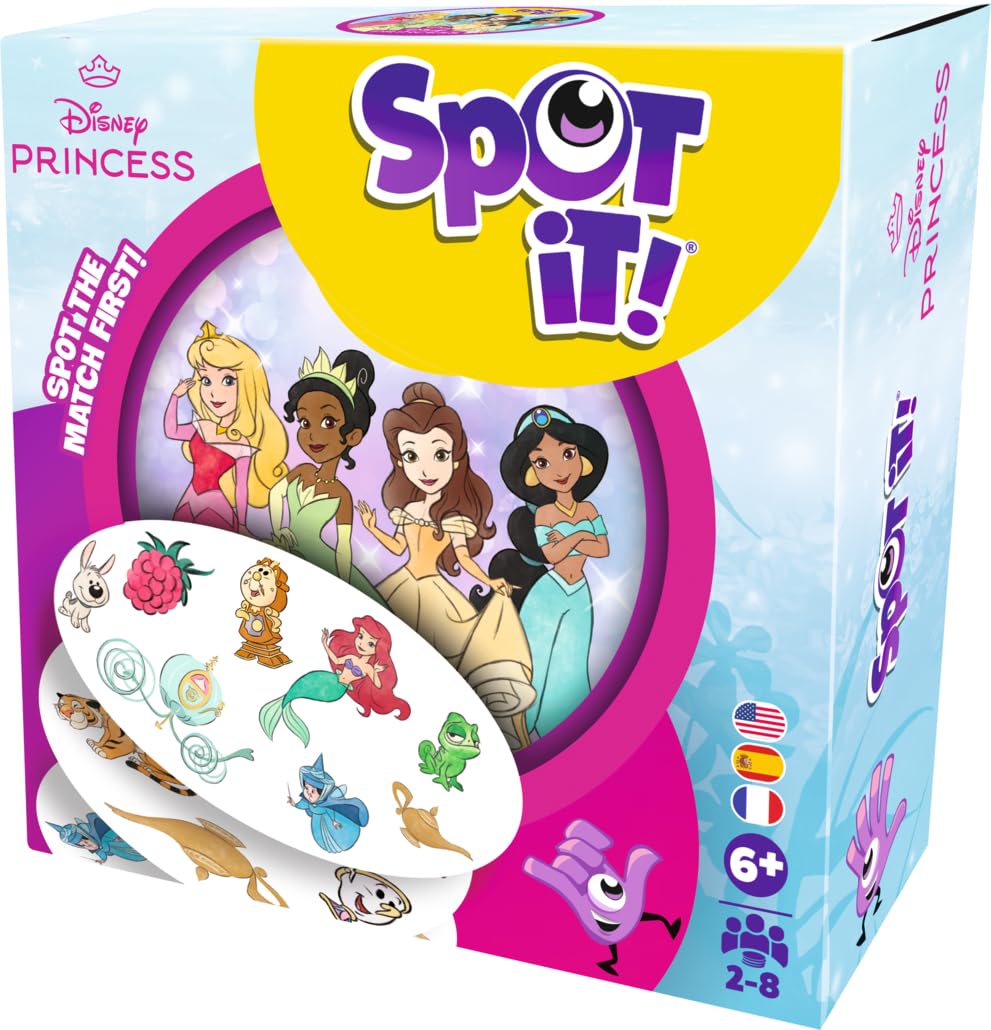 Spot It! - Disney Princess - Box-Eco-Rebrand (Bilingual French/English)-Card Games - Reflex/Family - Observation and Speed Game - Ages 4+ - 2 to 8 Players - Under 15 Minute Playtime - Made by Asmodee