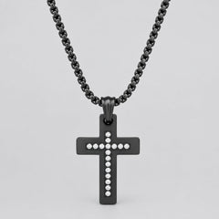 Men's Black Steel Cross Necklace with Stones. Rolo Chain Biker Pendant-1