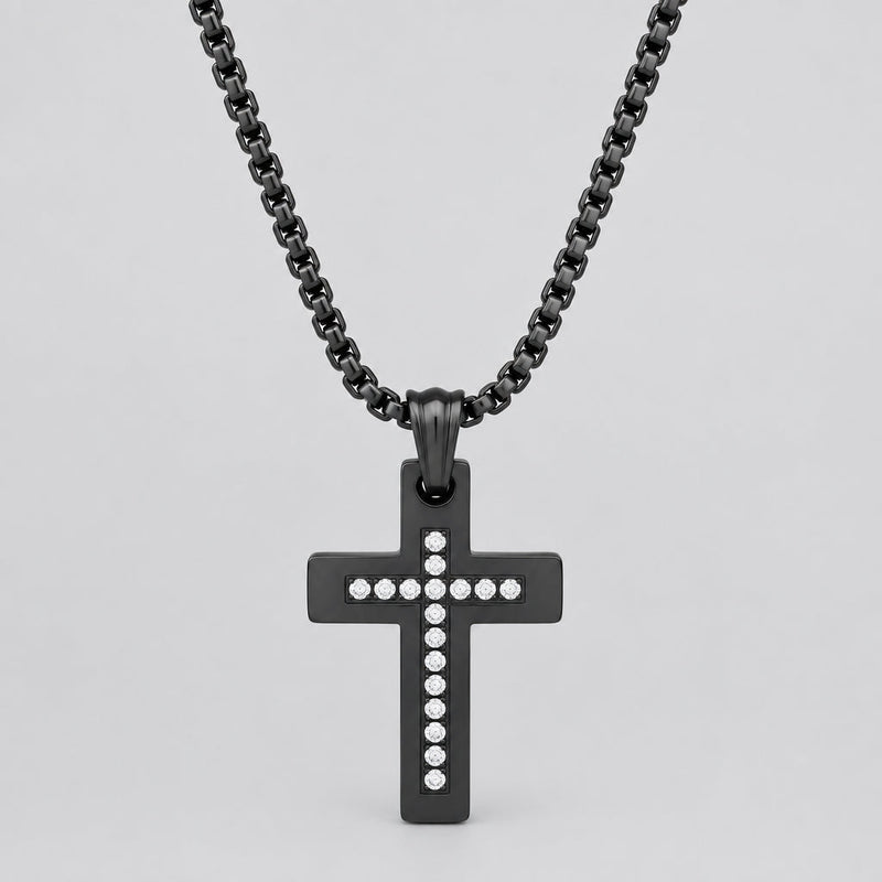 Men's Black Steel Cross Necklace with Stones. Rolo Chain Biker Pendant-1