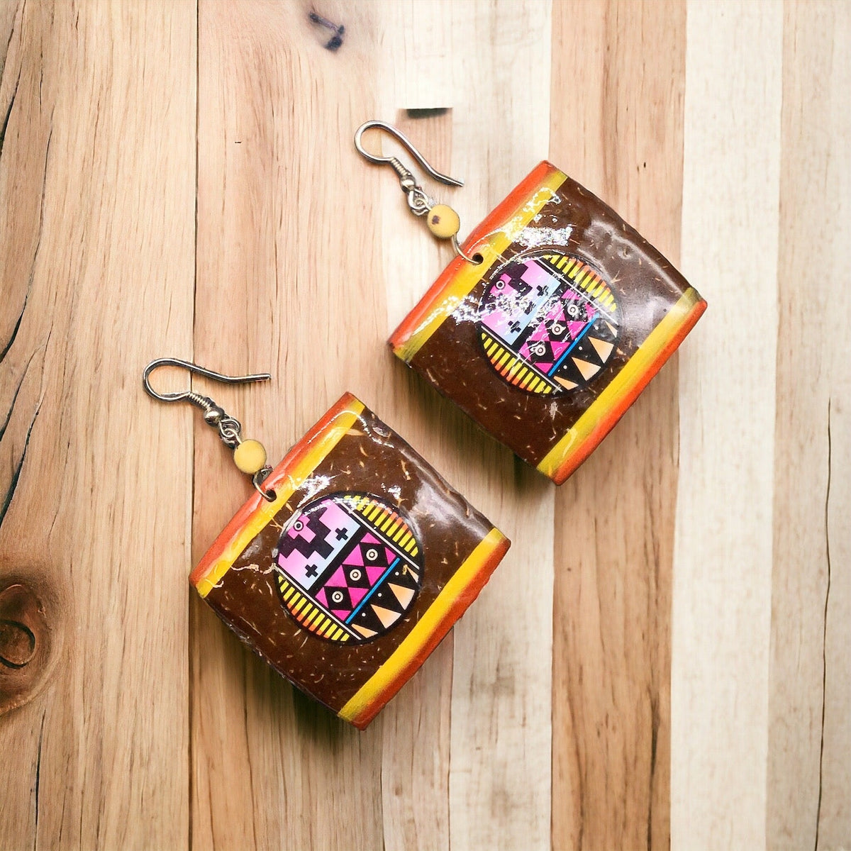 Wood Painted Yellow Square Earrings-2