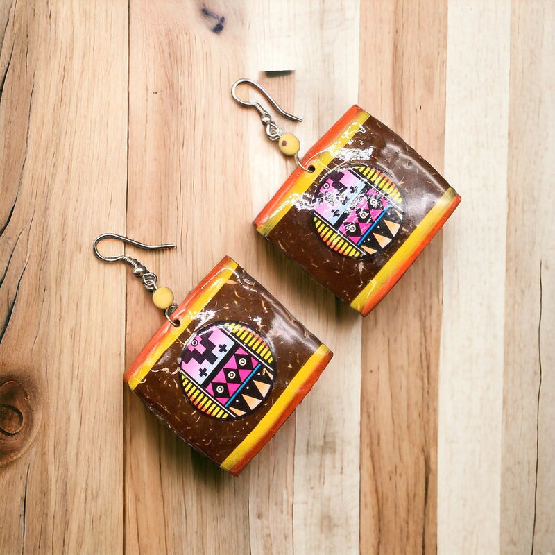 Wood Painted Yellow Square Earrings-2