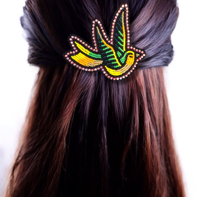 Yellow and Green Beaded Hummingbird Barrette-1