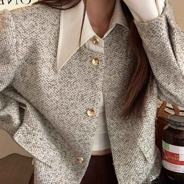 Women's Trendy Vintage Tweed Button-Up Long-Sleeve Top-4