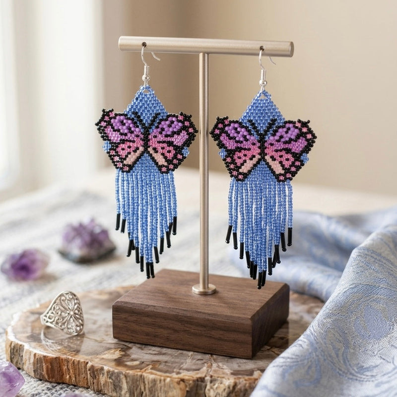 Blue Beaded Dancing Wing Earrings-4