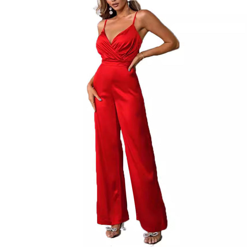 Fitted-waist Strapless Chic V-neck Wide-leg Jumpsuit-5