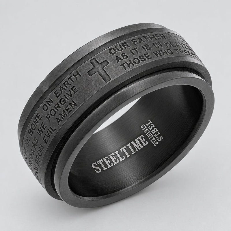 Men’s Black Stainless Steel Lord’s Prayer Band. Religious Biker Ring-1