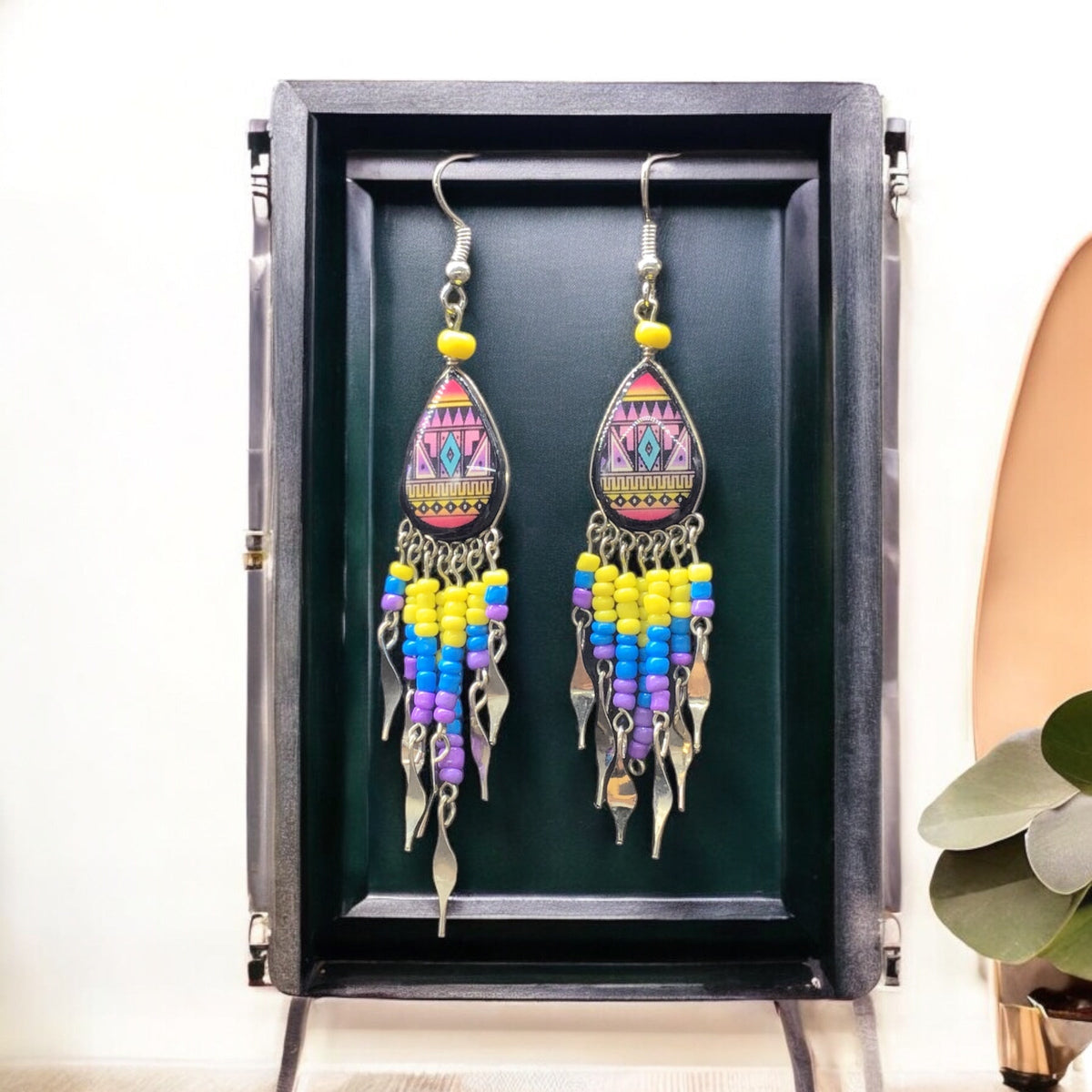 Small Sized Southwestern Purple and Yellow Teardrop Earrings