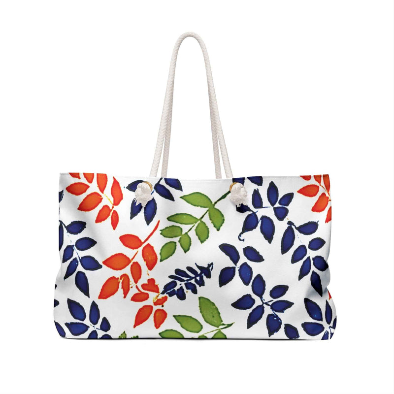 Colorful Leaf Pattern Weekender Bag | Navy Red Green Leaves, Large Tote Bag-3