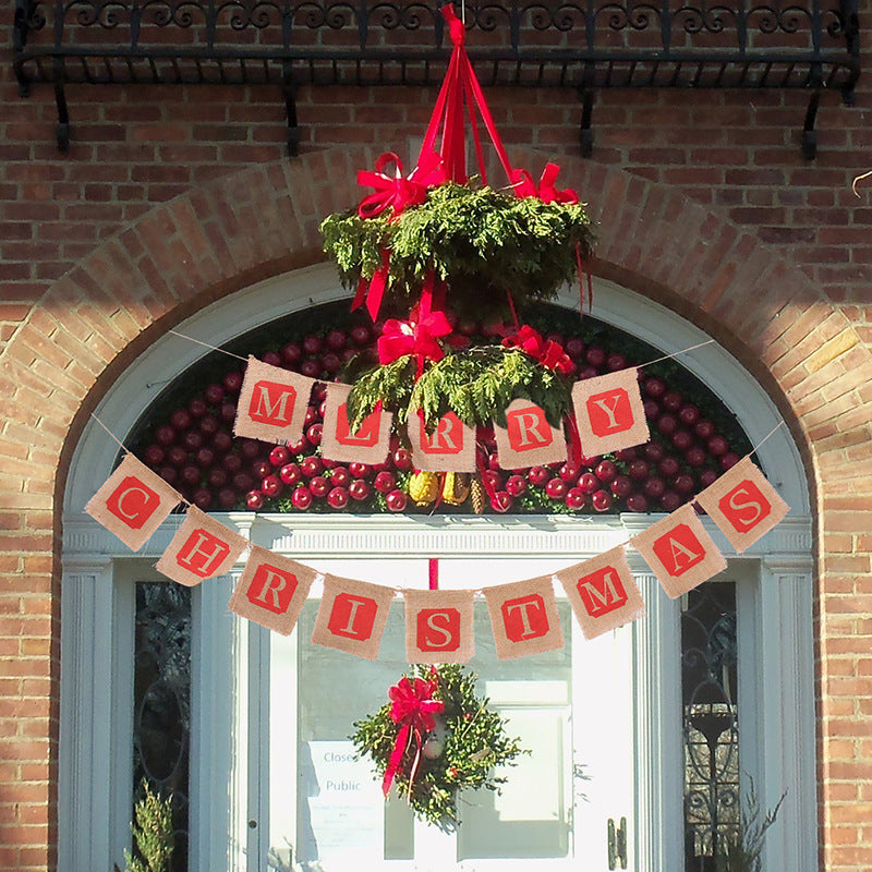 Merry Christmas Burlap Banner Garland, 14pc Sackcloth Flags Decoration-1