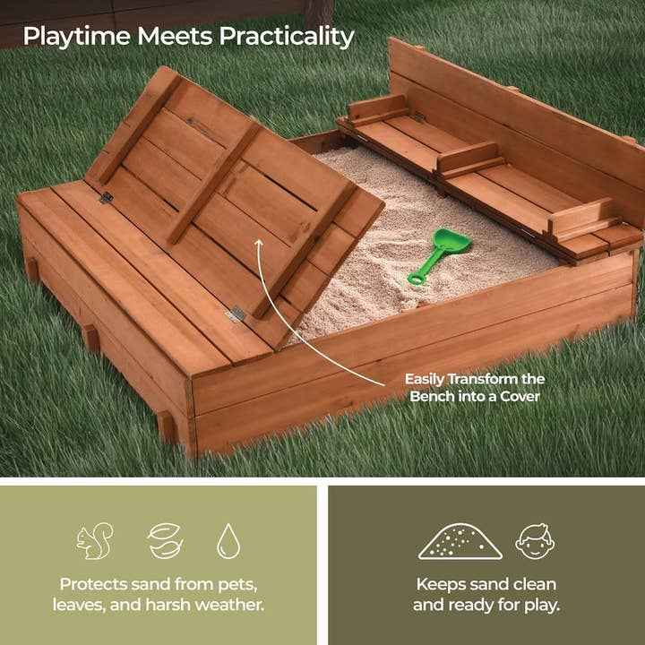 Play22 - Cedar Wood Kids Sandbox with Foldable Bench Seats - Ages 4+-5