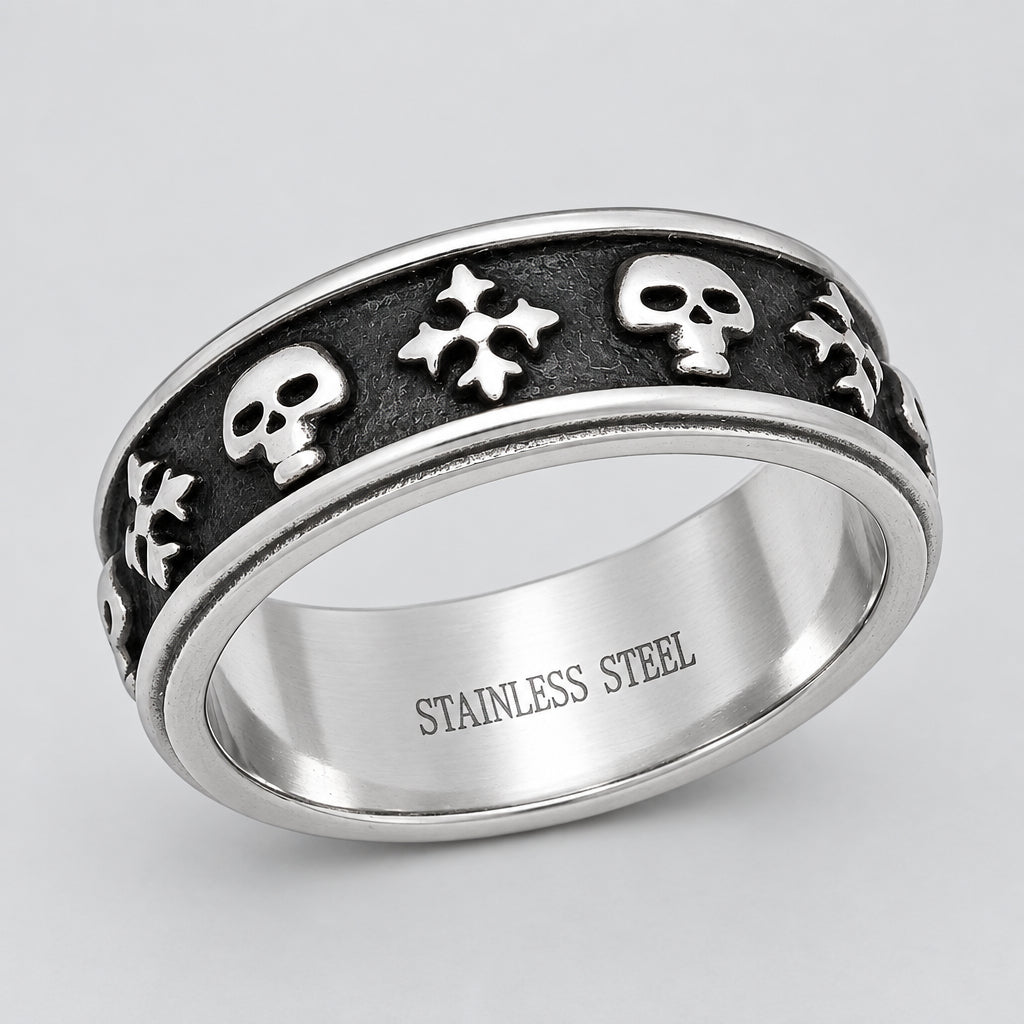 Men’s Two-Tone Stainless Steel Skull & Cross Biker Band Ring-1