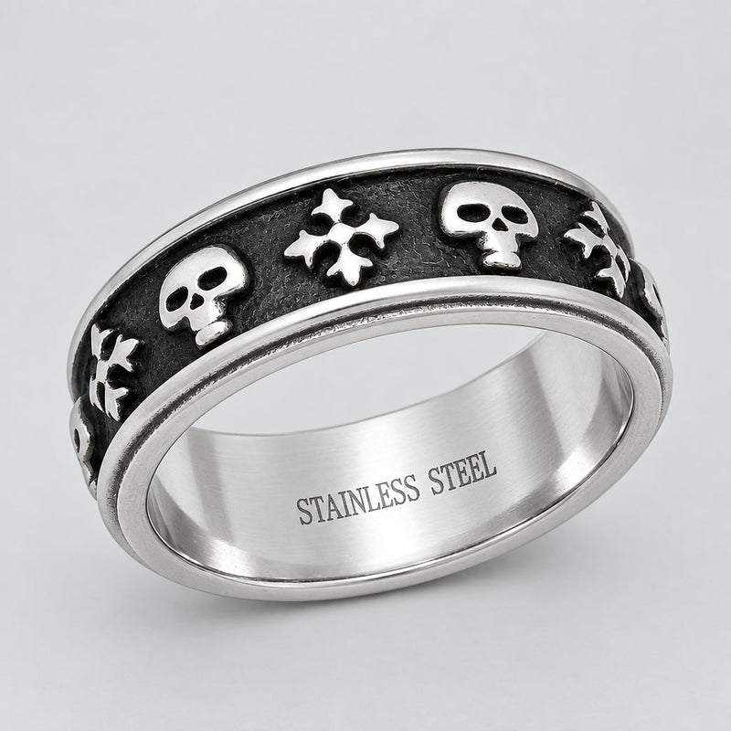 Men’s Two-Tone Stainless Steel Skull & Cross Biker Band Ring-1