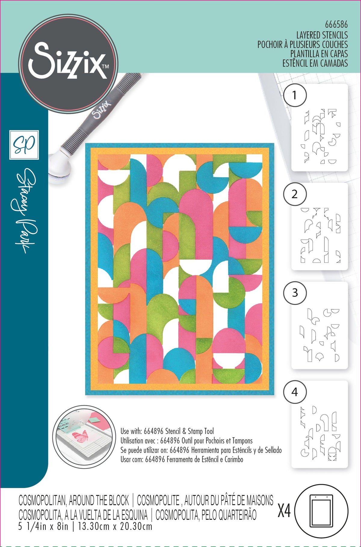 Plantillas en capas Sizzix A6, paquete de 4, Cosmopolitan, Around the Block por Stacey Park