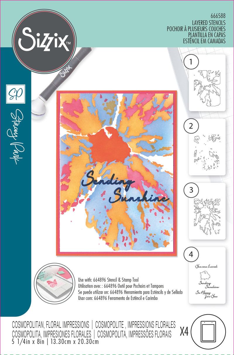 Plantillas en capas Sizzix A6, paquete de 4, Cosmopolitan, Floral Impressions por Stacey Park-1