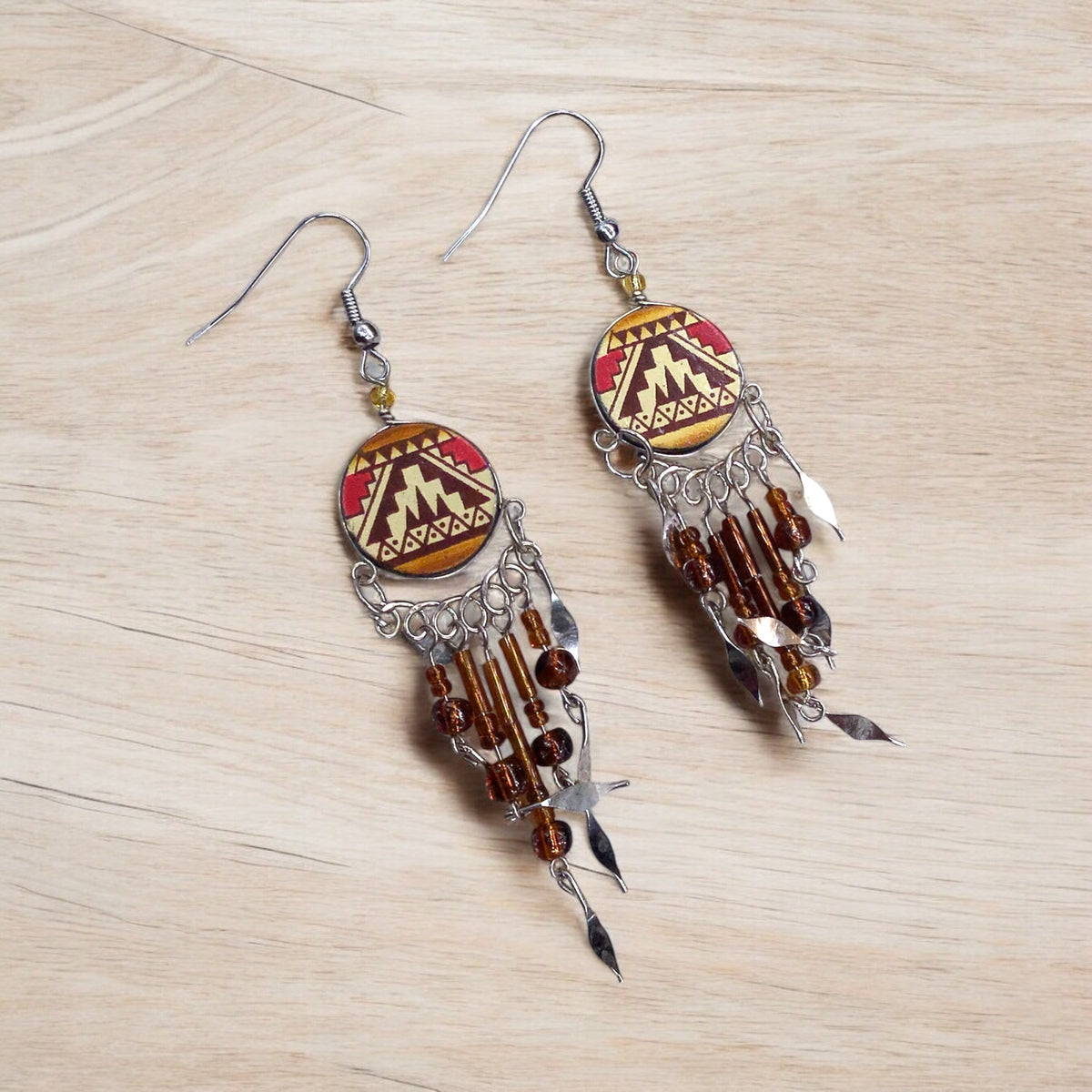 Red and Orange Southwestern Round Shaped Dangle Earrings-2