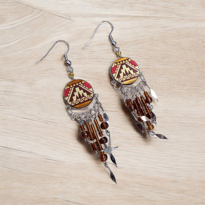 Red and Orange Southwestern Round Shaped Dangle Earrings-2